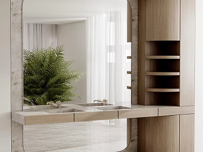 Modern Bathroom Cabinet With Wooden Frame Mirror Double Sink And Open Shelves 3d model