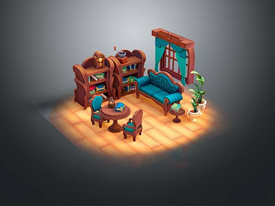 Cozy Indoor Interior With Wooden Bookshelf Blue Sofa Table Chairs And Plant 3d model