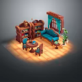 Cozy Indoor Interior With Wooden Bookshelf Blue Sofa Table Chairs And Plant