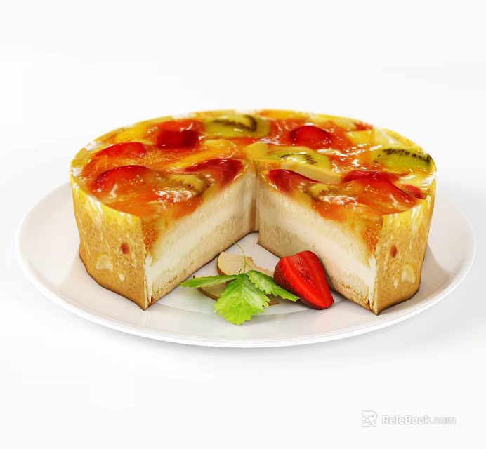Fresh Fruit Topped Cheesecake Sliced on White Plate With Strawberry and Green Leaf 3d model 