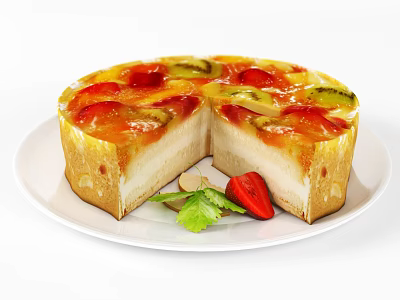 Fresh Fruit Topped Cheesecake Sliced on White Plate With Strawberry and Green Leaf 3d model
