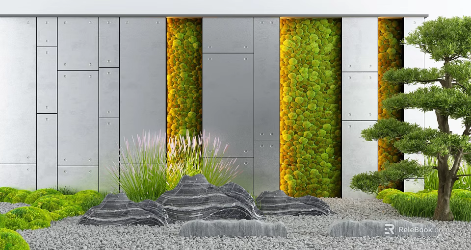 Contemporary Green Wall Design With Metal Panels Rocks And Decorative Grass 3d model 