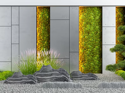 Contemporary Green Wall Design With Metal Panels Rocks And Decorative Grass 3d model