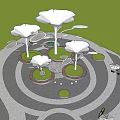 White Petal Shaped Outdoor Pergola With Green Lawn Paved Ground And Seating Area
