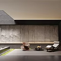 Modern Garden Design with Large Tree Water Fountain Stone Wall and Green Lawn Features
