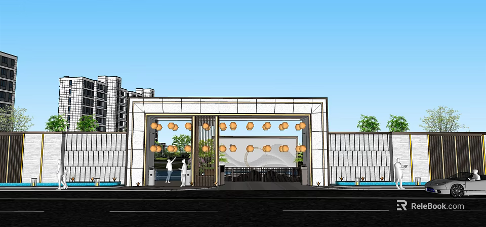 Modern Entrance Gate With Double Glass Doors Decorative Round Lanterns White Walls And Greenery 3d model 