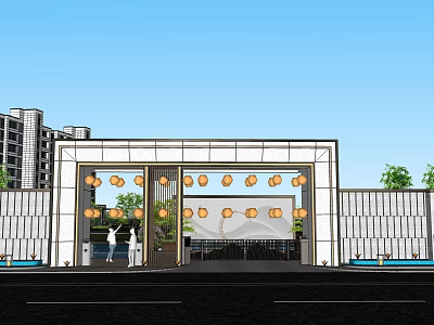 Modern Entrance Gate With Double Glass Doors Decorative Round Lanterns White Walls And Greenery 3d model