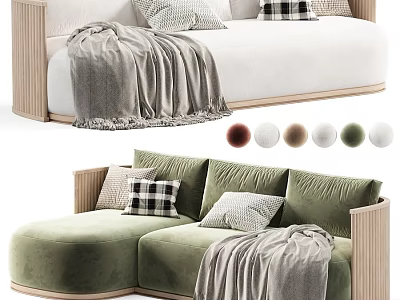 Modern Three Seater Sofa With Wooden Armrests Cozy Cushions Blanket And Color Options 3d model