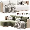 Modern Three Seater Sofa With Wooden Armrests Cozy Cushions Blanket And Color Options