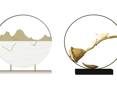 Chinese Style Decorative Ornament Set With Circular Mountain Bird And Lotus Designs 3d model