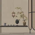 Traditional Chinese Decorative Ornament Set with Lantern Bamboo Branches Vase Head Sculpture and Tea Cups