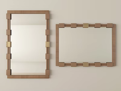Two Wooden Framed Mirrors with Golden Decorative Blocks Hanging on Light Colored Wall 3d model