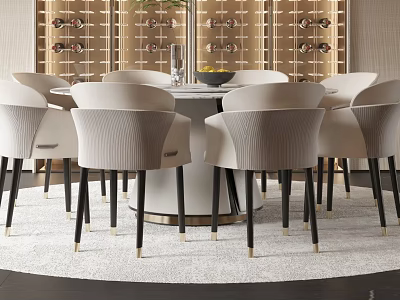 Modern Elegant Round Dining Table And Upholstered Chairs Set In Dining Room With Wine Rack 3d model