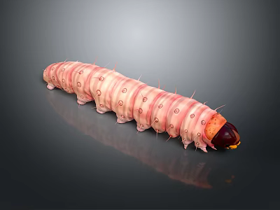 Detailed Pink Caterpillar With Ringed Stripes And Spikes On Elongated Body 3d model