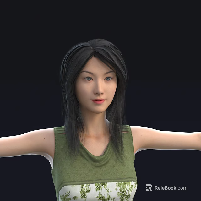 Woman With Long Black Hair Wearing Green Sleeveless Top Against Black Background 3d model 
