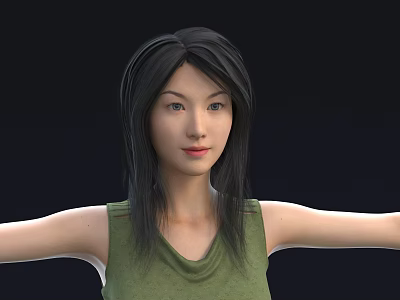 Woman With Long Black Hair Wearing Green Sleeveless Top Against Black Background 3d model