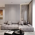 Modern Living and Dining Room Interior With Gray Sofa Dining Table Chandelier and Wooden Cabinets