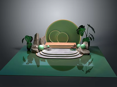 Commercial Equipment Display Platform With Green Circular Backdrop Plants Stone Decor And Water Reflection 3d model