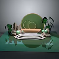 Commercial Equipment Display Platform With Green Circular Backdrop Plants Stone Decor And Water Reflection