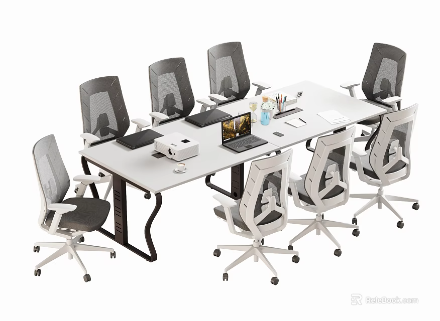 Modern Office Conference Table Setup With Mesh Chairs Laptop And Stationery Items 3d model 