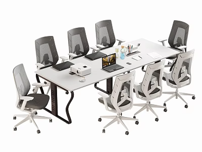 Modern Office Conference Table Setup With Mesh Chairs Laptop And Stationery Items 3d model