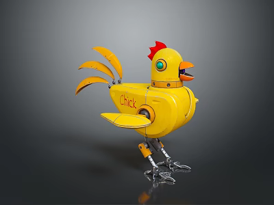 Yellow Mechanical Chick Character With Red Comb Mechanical Wings Legs And CHICK Text 3d model