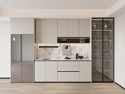 Modern Kitchen Interior With Stylish Sideboard White Cabinets And Marble Countertop 3d model