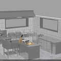 Commercial Kitchen Interior With Stainless Steel Workstations Cabinets And White Tiled Walls