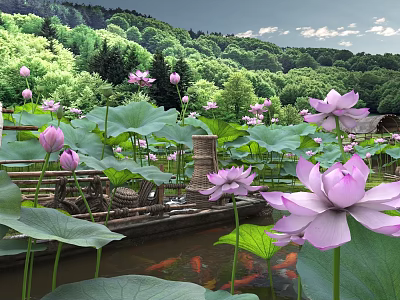 Vibrant Aquatic Plants Featuring Pink Lotus Flowers Large Leaves And Koi Fish In Natural Pond 3d model