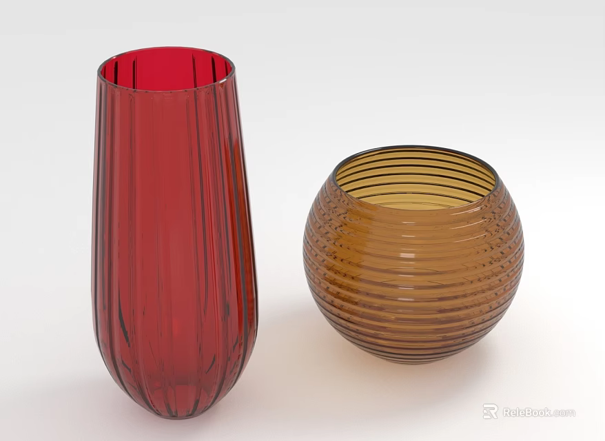 Green Plants in Red Tall and Brown Round Glass Vases with Striped Patterns for Interior Decoration 3d model 