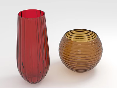 Green Plants in Red Tall and Brown Round Glass Vases with Striped Patterns for Interior Decoration 3d model
