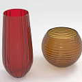 Green Plants in Red Tall and Brown Round Glass Vases with Striped Patterns for Interior Decoration