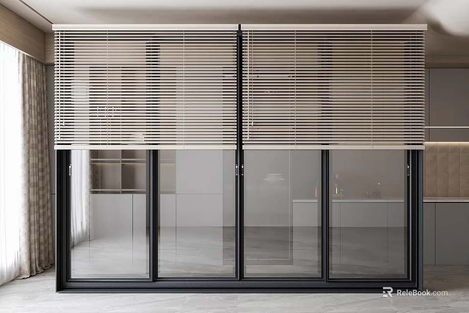 Sleek Modern Blinds Covering Four Panel Glass Doors With Black Frames Interior 3d model 