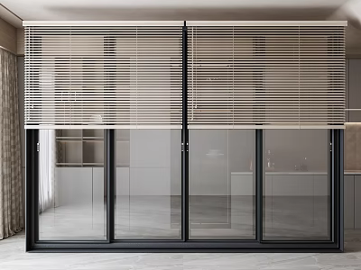 Sleek Modern Blinds Covering Four Panel Glass Doors With Black Frames Interior 3d model
