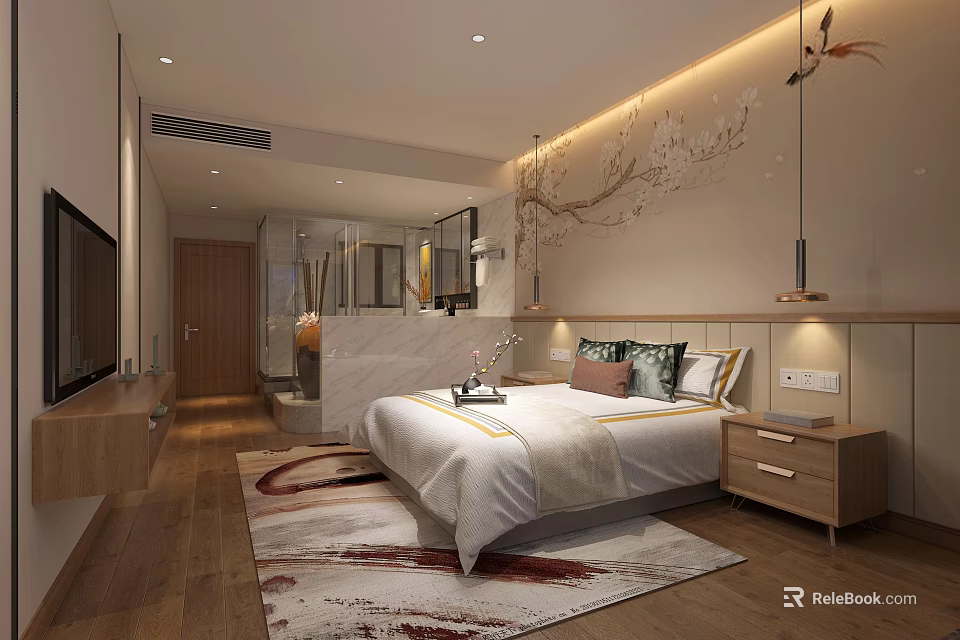 Hotel Guest Room Modern Interior With Comfortable Bed Nightstand Decorative Wall And TV 3d model 