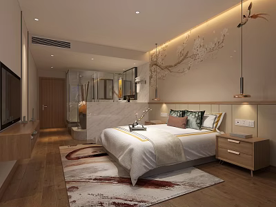 Hotel Guest Room Modern Interior With Comfortable Bed Nightstand Decorative Wall And TV 3d model