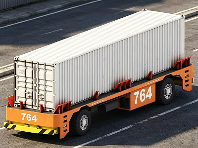 Industrial Equipment Container Trailer With Orange Body Number 764 Wheels And Warning Stripes On Road 3d model