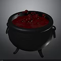 Black Cauldron With Red Liquid And Floating Red Cherries On Gray Background