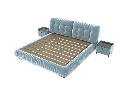 Light Blue Upholstered Double Bed With Tufted Headboard And Nightstands On Both Sides 3d model