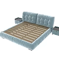 Light Blue Upholstered Double Bed With Tufted Headboard And Nightstands On Both Sides