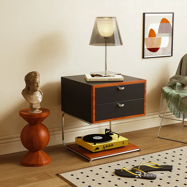 Black Wooden Bedside Table With Two Drawers Table Lamp Book And Vinyl Record Player 3d model 