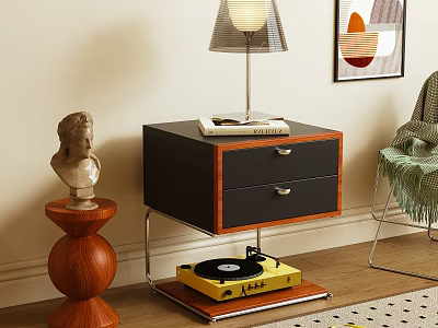 Black Wooden Bedside Table With Two Drawers Table Lamp Book And Vinyl Record Player 3d model