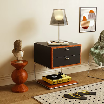 Black Wooden Bedside Table With Two Drawers Table Lamp Book And Vinyl Record Player 3d model