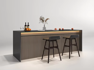 Modern Dark Bar Counter With Wine Bottles Wine Glasses Dried Flowers And Bar Stools 3d model