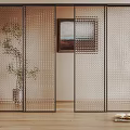 Modern Metal Frame Room Divider With Perforated Panel Green Plant And Wooden Floor