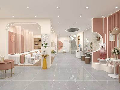 Modern Elegant Beauty Hair Salon Interior With Arched Doorways Mirrors Comfortable Seating And Decorative Plants 3d model