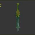 Fantasy Sword With Orange Hilt Green Gemstone Blue Blade And Intricate Design