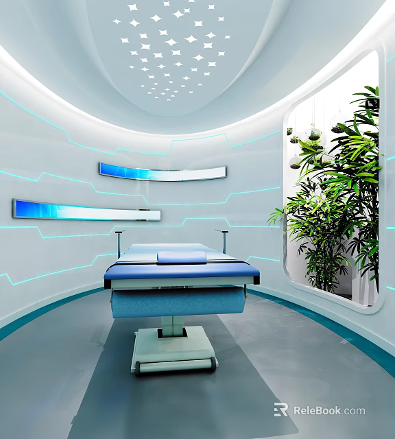 Modern Futuristic Medical Treatment Room With Blue Bed And Green Plants Interior 3d model 