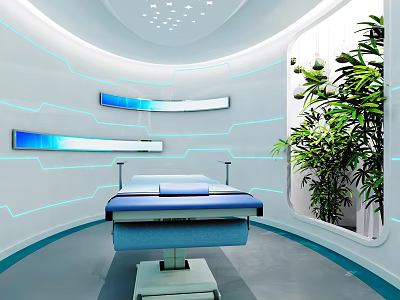 Modern Futuristic Medical Treatment Room With Blue Bed And Green Plants Interior 3d model