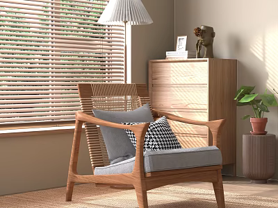Wooden Frame Leisure Chair With Gray Cushion Plaid Pillow Blinds Pendant Light And Plant 3d model